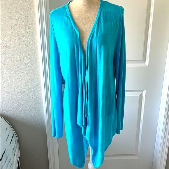 Dana Buchman Vibrant Turquoise Blue Open Front Asymmetrical Cardigan NWOT SZ L - Picture 1 of 8
